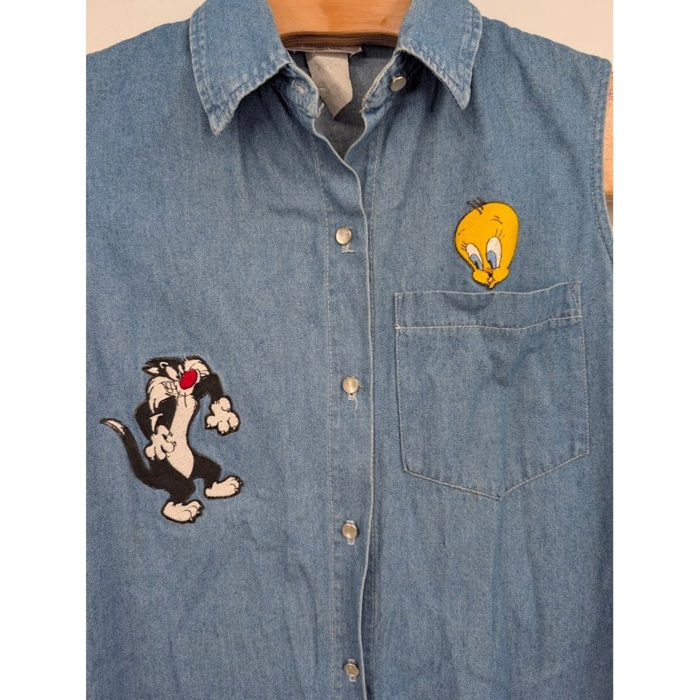 Looney Tunes Vintage Sleeveless Denim Shirt Sylvester and Tweety Button Down S - Picture 2 of 6